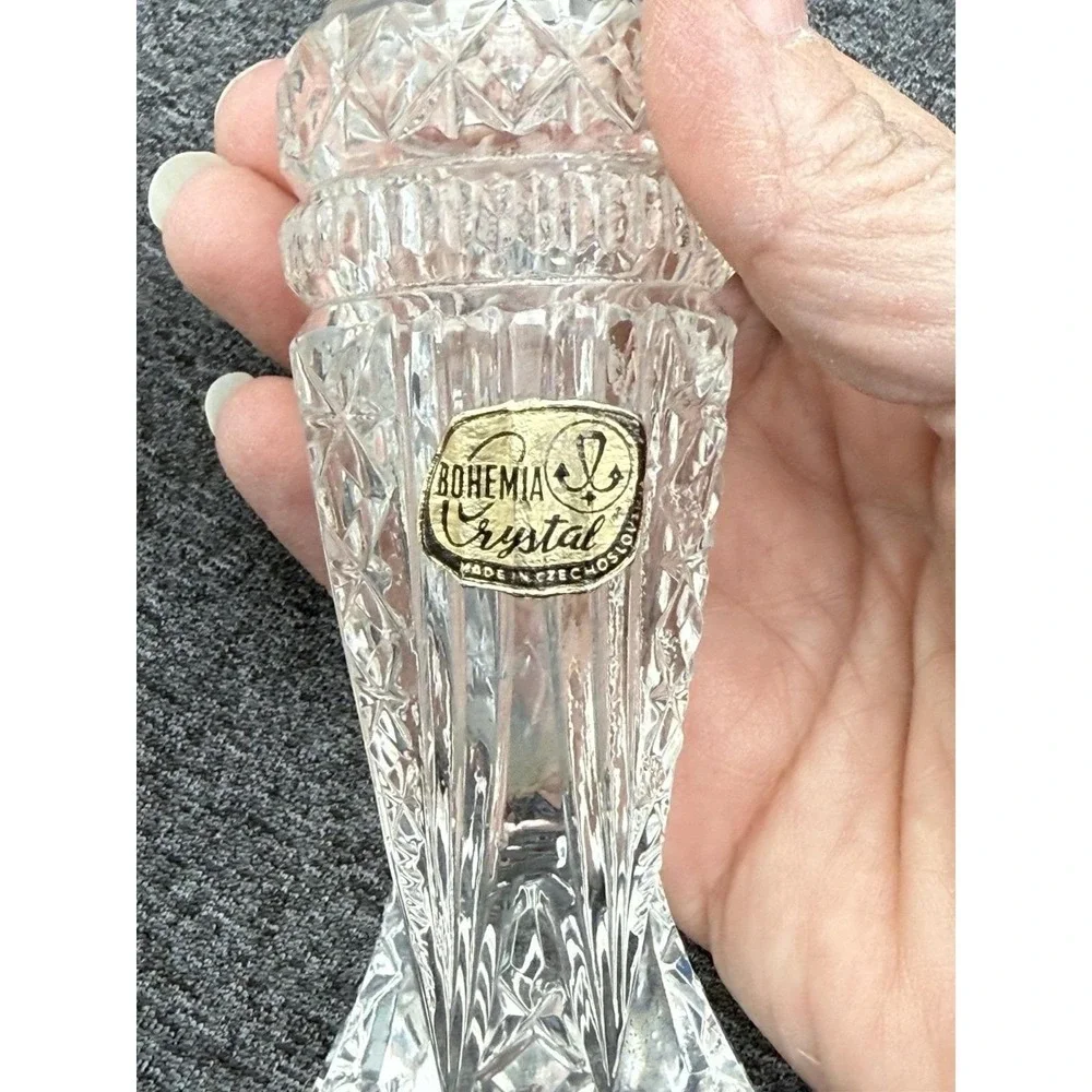 Antique Bohemian Crystal Salt & Pepper Shaker Clear Glass Lids‎ Czechoslovakia